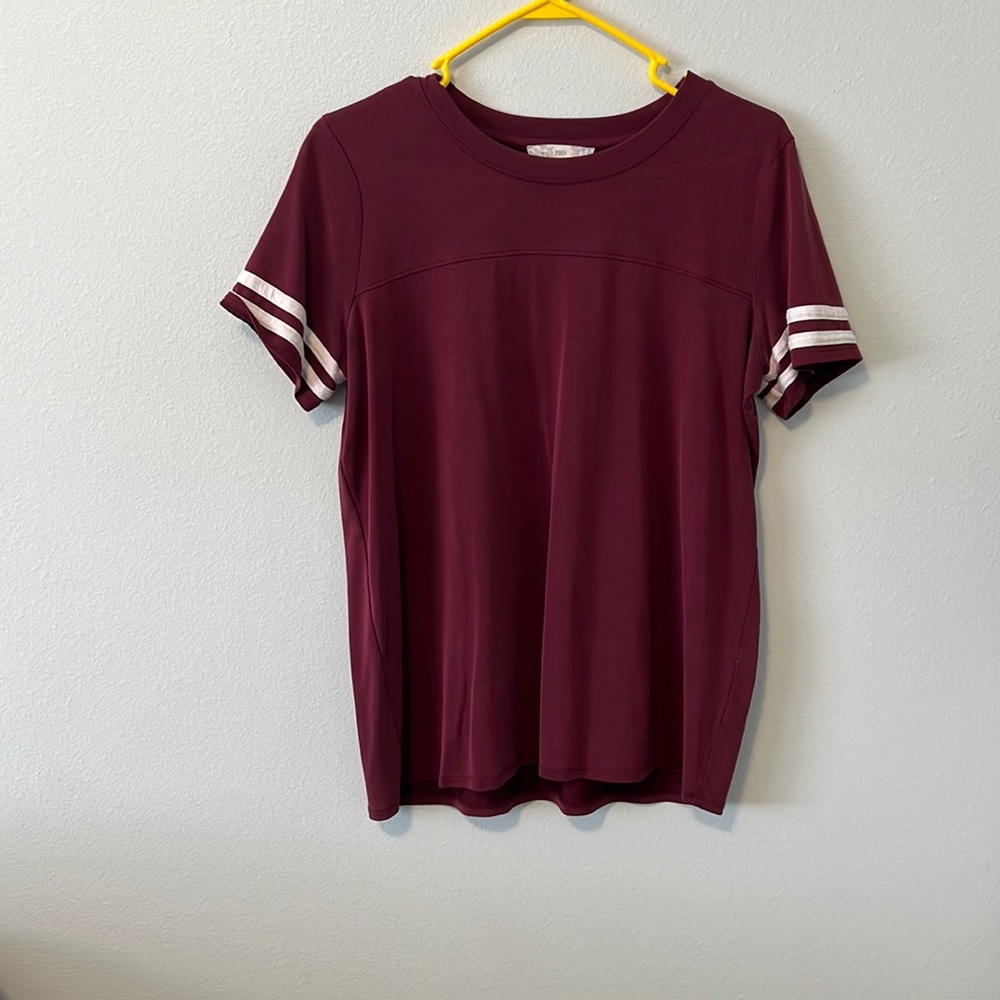Pink republic blouse with stripe detail sleeve. Size: XL. Color: burgundy/ivory.